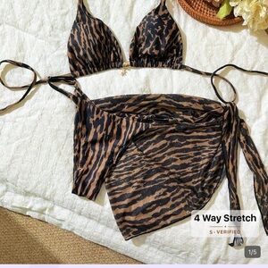 SHEIN Black and Brown Tiger Print Triangle Bikini Set with Wrap